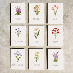 Blumen-Tischnamen, Aquarelldrucke, 60+ Blumen zur Auswahl. Eine rustikale Namenskarte mit Wildblumen Motiven zur Hochzeit.