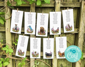 Woodland Animals Wedding Printable Digital File, Template Design, Hanging Table Plan Cards