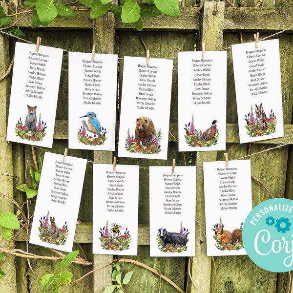 Woodland Animals Wedding Printable Digital File, Template Design, Hanging Table Plan Cards