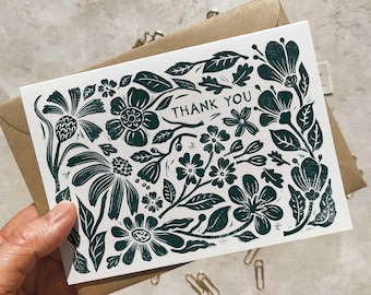 Linocut Botanical Floral A6 Folded Thank You Cards | Blank Inside | Choice of Colours