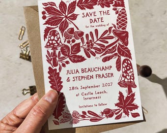 A6 Save the Date Card | Autumn Personalised Linocut Fall Woodland Design | Single Sided