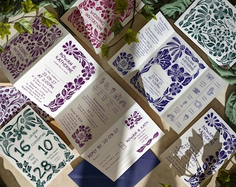 Linocut Botanical Floral Wedding Stationery Collection SAMPLE, Save the date cards and invitation styles