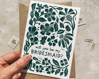 Linocut Floral Bridesmaid Cards, Handmade Blank Cards & Envelopes