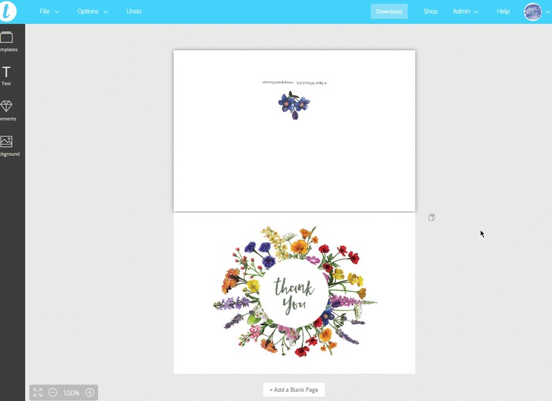 Hand Painted Wedding Thank You Card Folded Printable Digital File Templett Design Wildflowers