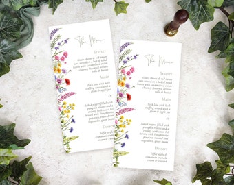 Printable Digital File, Summer Meadow Wildflowers, Template Design, Wedding Menu Card