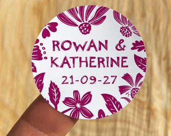 Linocut Floral Wedding Stickers, 35 x 37mm round labels on a sheet