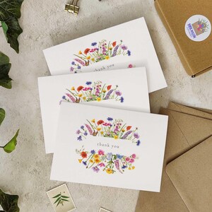 Wildflower watercolor floral folded thank you cards and envelopes for weddings, events and general thank you cards.