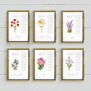 Carte de plan de table A5 fleurs, plus de 60 fleurs différentes, nouveauté 2023, aquarelles, décoration de table de mariage, plan de table fleurs sauvages
