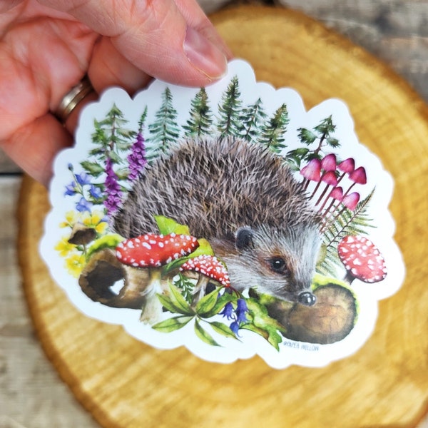 Die cut vinyl sticker, Hedgehog, Woodland Animal, 10cm x 8cm waterproof sticker