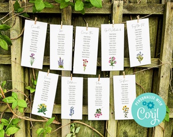 Wildflower Wedding Table Name Cards, Printable Digital File, Template Design, 20 Flowers