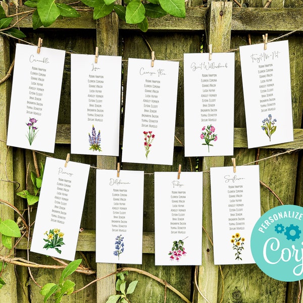 Wildflower Wedding Table Name Cards, Printable Digital File, Template Design, 20 Flowers