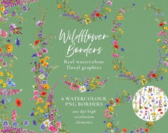 Bordure di fiori selvatici: 6 clipart floreali in formato PNG ad acquerello (download digitale)