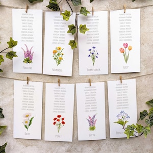 Flower Table Plan Hanging Cards, 50+ different flowers, NEW for 2025, Watercolour Paintings, Wedding table decor, Wildflower Seating Plan