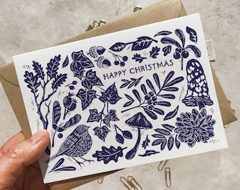 Linocut Christmas Cards | Autumn Winter Woodland | A6 Folded | Blank Inside | Choice of Colours