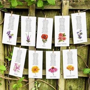 Flower Table Plan Hanging Cards, 18+ different flowers, NEW for 2023, Colourful Rainbow, Wedding table decor, Wildflower Seating Plan