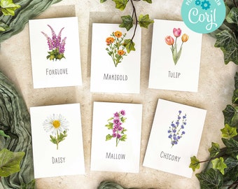 Printable Digital File, Wildflower Wedding Table Name Cards, Template Design, 22 flowers