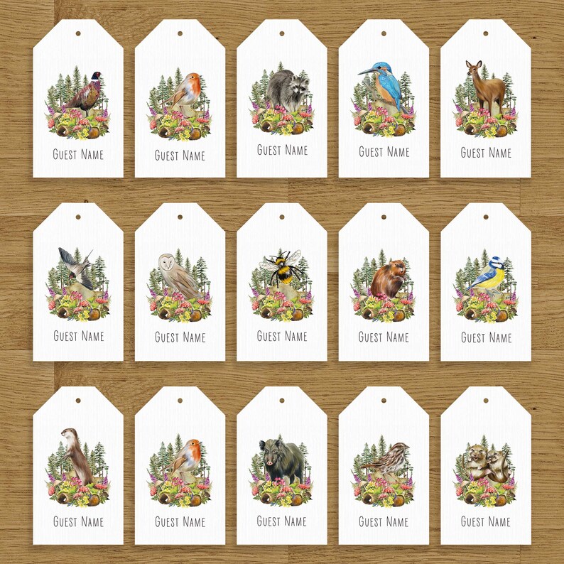 Place Card Luggage Tags, Printed Guest Names, Woodland Forest Animals, 24 animals to choose from, Cottagecore, Rustic, Cute animals image 3