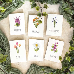 Flower Table Names, Watercolour Prints, 50+ flowers to choose from. Rustic floral wildflower wedding table name card.