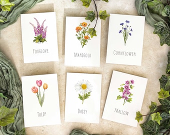 Flower Table Names, Watercolour Prints, 50+ flowers to choose from. Rustic floral wildflower wedding table name card.