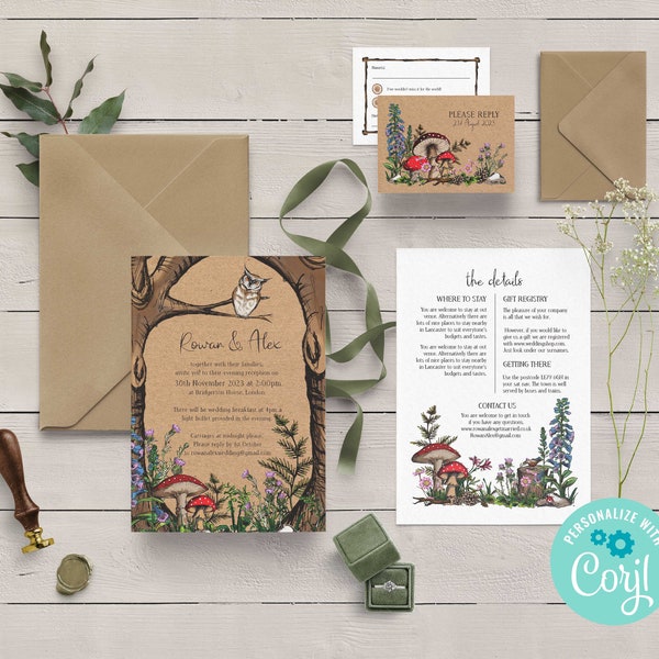 Woodland Wedding Printable Digital File, Template Design, Wedding Invitation Set with RSVP card & Information card