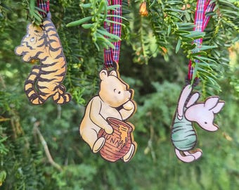 Winnie and Friends Christmas Tree Decorations | Laser Cut MDF | Piglet Tigger | Tartan Ribbon | Optional Matching Card