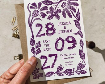 Personalisierte Save-the-Date-Karte (A6) | Linolschnitt-Blumenmuster | Einseitig bedruckt