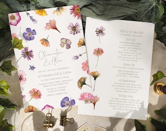Pressed Flowers Wedding Invitation, A5 invites & envelopes