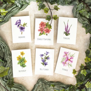 Bunte Blumen Tisch Namen Karte, Cottagecore. 18+ Blumen zur Auswahl. Wildblumen Namenskarte für den Hochzeitstisch.