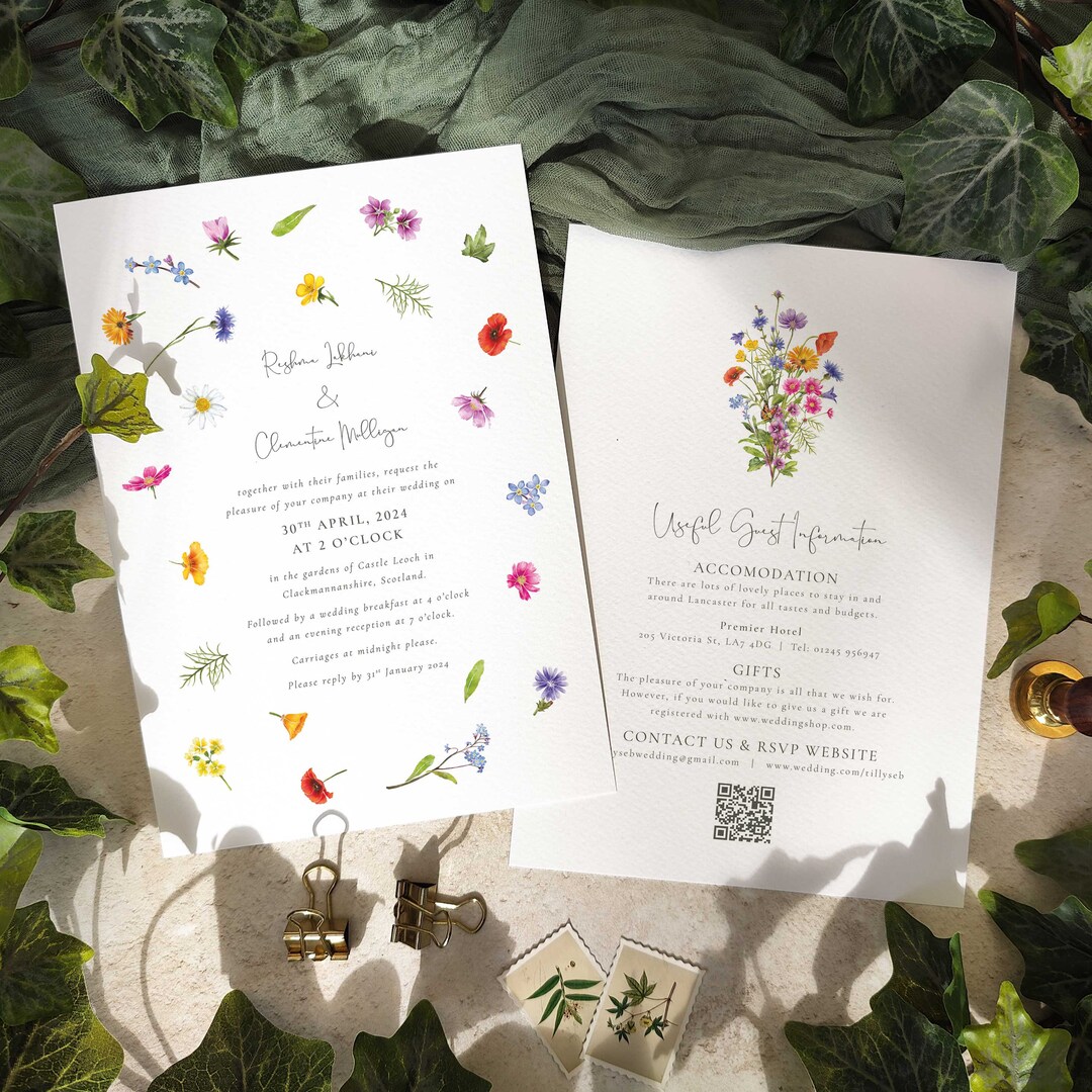 Wildflower Wedding Invitation, A5 Invites &amp; Envelopes, Scattered Wildflowers - Etsy UK