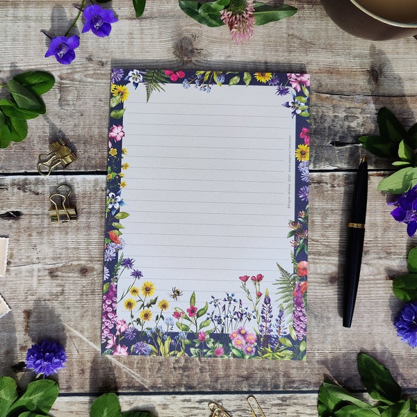 Wildflowers A5 lined notepad, writing pad, stationery lover gift, Christmas gift, 50 pages, Cute Stationery gift, To do list, Floral Design