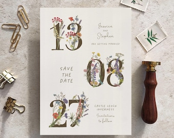 Cottage Garden Numbers Save the Date Karte: Muster einer Hochzeitskarte mit Wildblumen