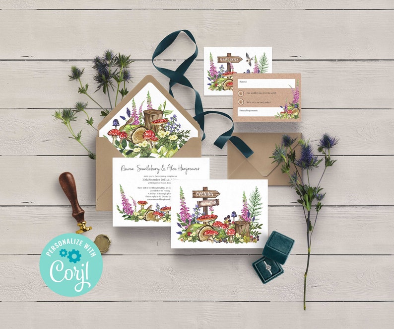 Woodland Wedding Printable Digital File, Template Design, Wedding Invitation Set with RSVP card & Information card, Woodland Forest image 1