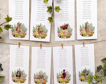 Forest Table Plan Hanging Cards, Woodland Forest Animals, Watercolour Paintings, Cottagecore