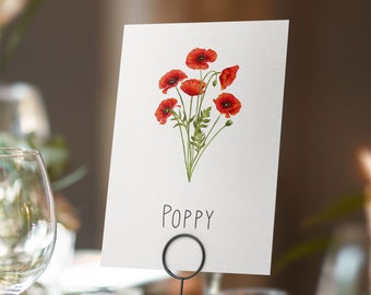 Printable Digital File, Poppy Table Name Card, A5 Downloadable File to Print Yourself