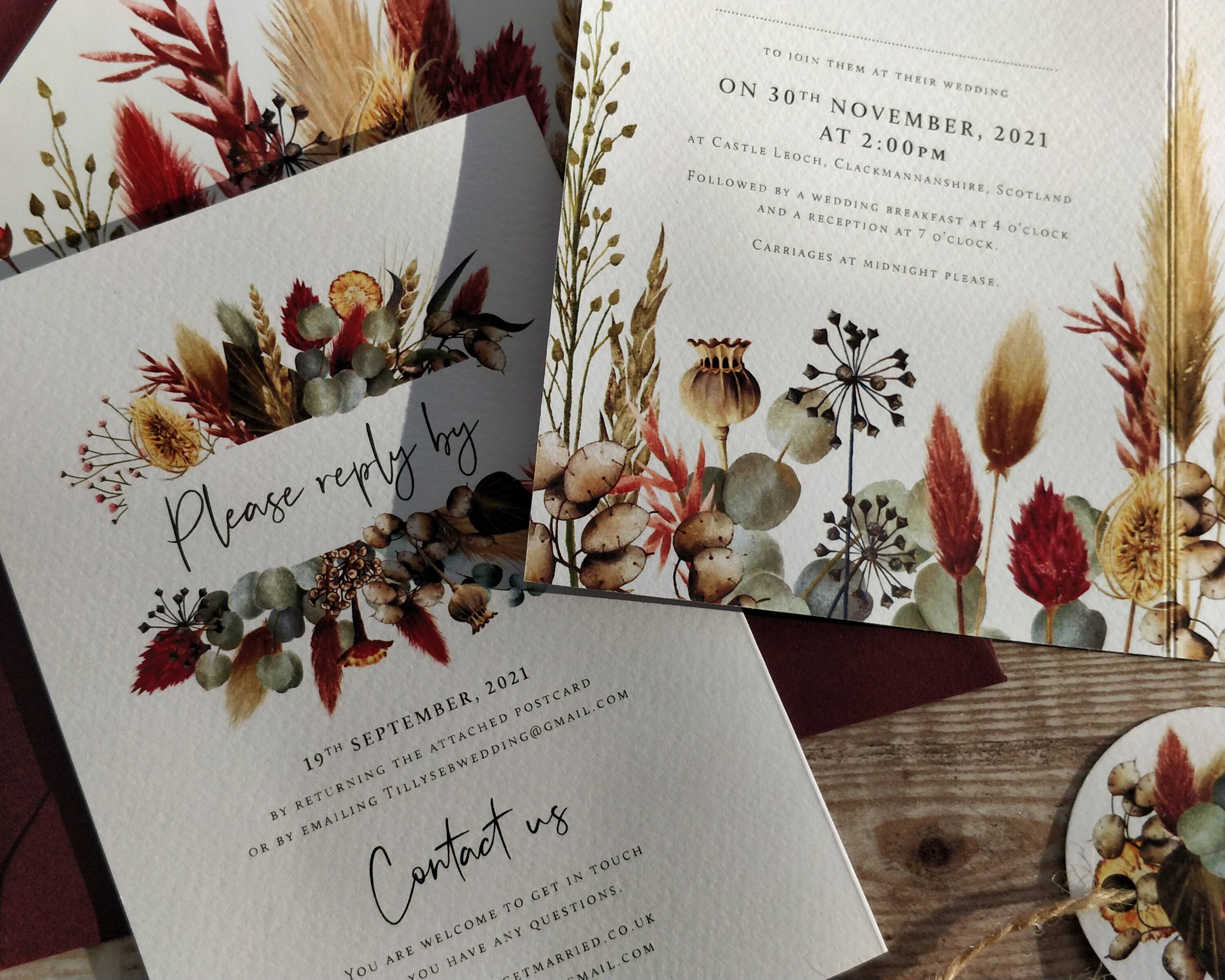 Wedding Invitation Dried Flowers Botanical Burgundy Etsy
