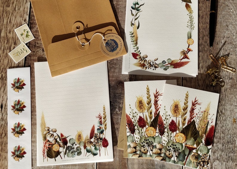 Luxury Letter Writing Set Dried Flowers Burgundy Note Paper Etsy UK