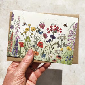 May include: A greeting card featuring a colorful illustration of wildflowers, including poppies, daisies, and cosmos, with the names of the flowers labeled. A bee and butterfly are also depicted. The card is inside a brown envelope.