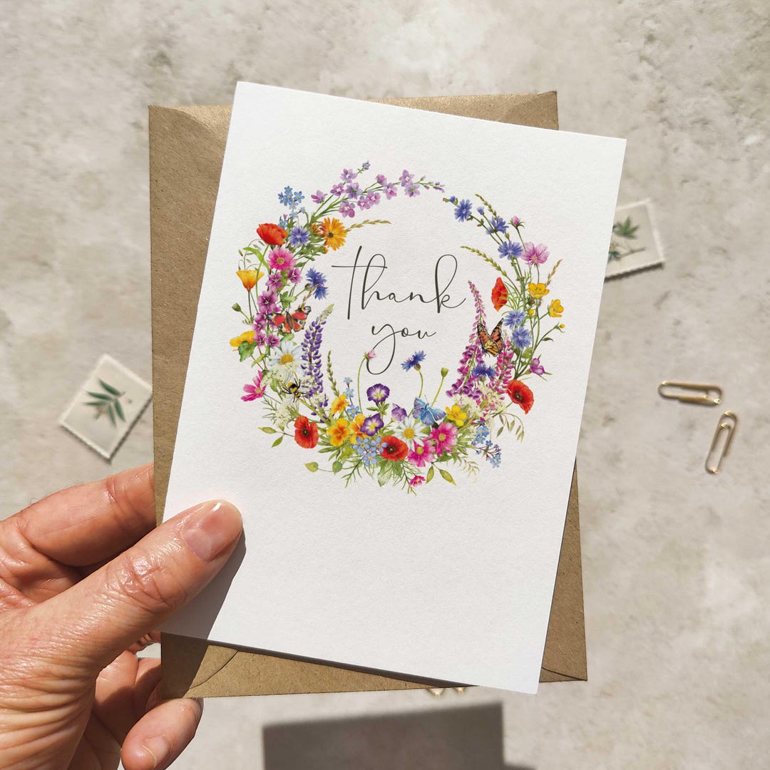 Wildflower Wreath Folded Thank You Cards & Envelopes With Optional ...