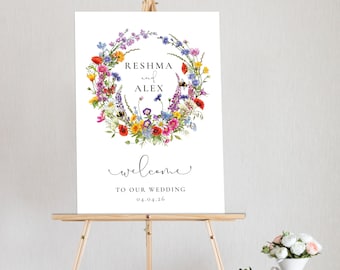 Wildflower Wedding Wreath Sign - Fully Personalized with Butterflies & Bees | Choose Your Size
