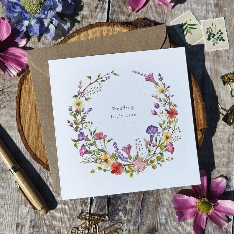 Wildflower Wedding Invitation, Folded square invite and envelopes, Delicate Watercolours image 5