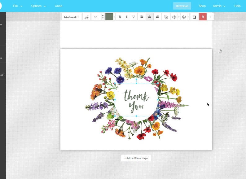 Hand Painted Wedding Thank You Card Folded Printable Digital File Templett Design Wildflowers
