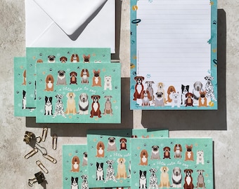 Briefpapier-Set mit Hunderassen, A5-Notizblock und 6 Klappkarten mit Umschlägen