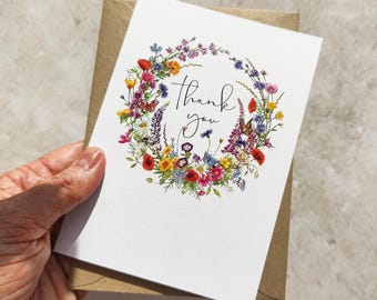 Cartes de remerciement et enveloppes pliées couronne de fleurs sauvages