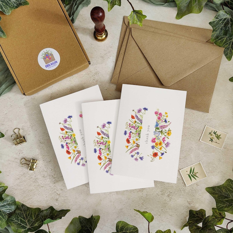 Wildflower watercolor floral folded thank you cards and envelopes for weddings, events and general thank you cards.