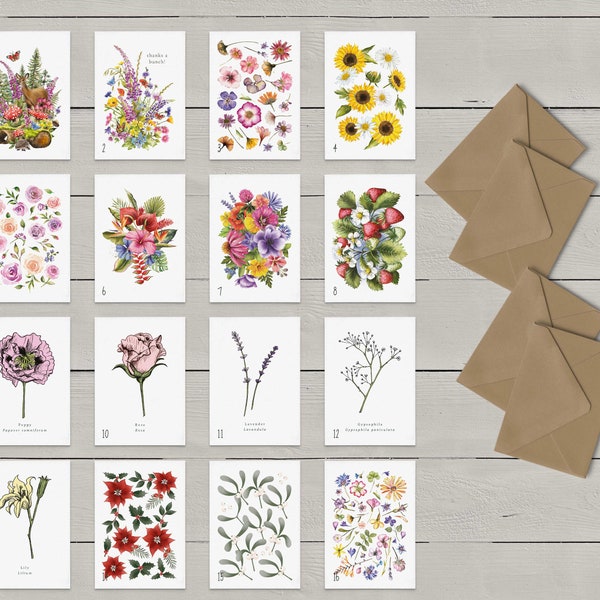 Luxury Florist Cards, 20 x Flat or Folded Mini 74mm x 105mm Cards & Envelopes, Cottagecore aesthetic, Gift Card, Floral Cards, Floristry