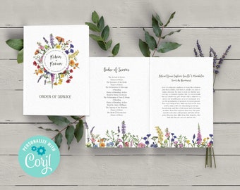 Wildflower Wedding Printable Digital File, Template Design, Order of Service Folded Card, Wedding Program