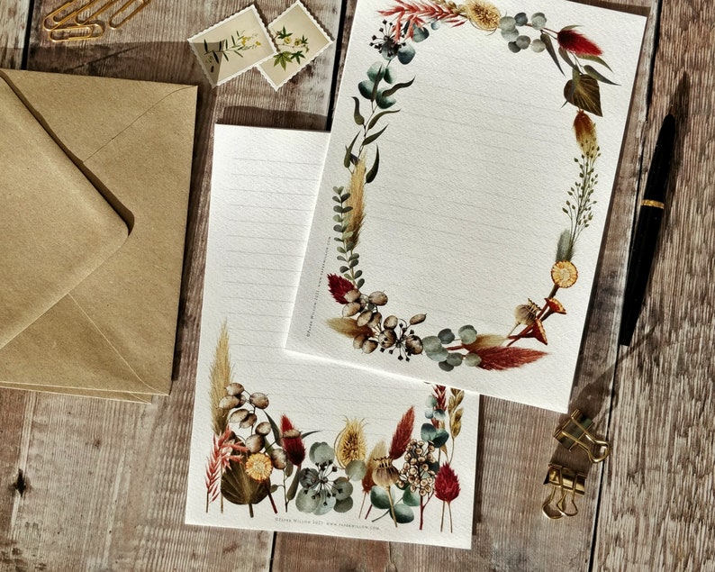 Luxury Letter Writing Set Dried Flowers Burgundy Note Paper Etsy UK