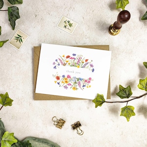 Wildflower watercolor floral folded thank you cards and envelopes for weddings, events and general thank you cards.