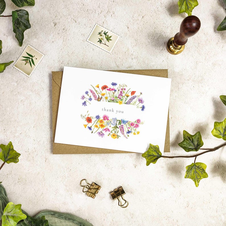Wildflower watercolor floral folded thank you cards and envelopes for weddings, events and general thank you cards.