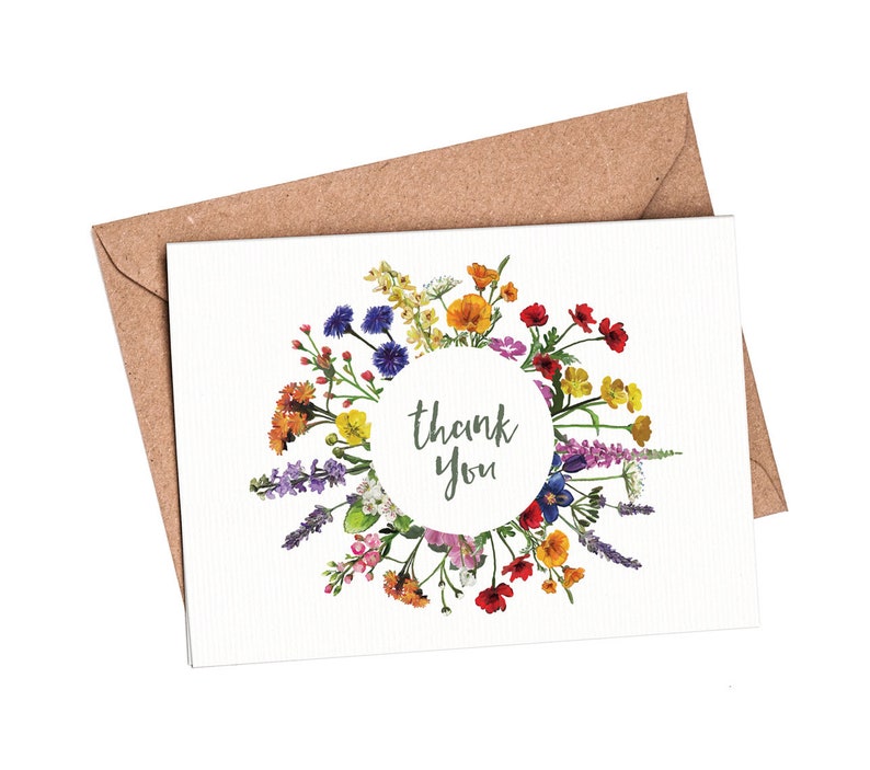 Hand Painted Wedding Thank You Card Folded Printable Digital File Templett Design Wildflowers